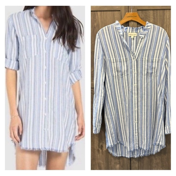 Cloth & Stone Small Shirt Dress western fray striped Roll Tab Sleeves - Picture 1 of 12